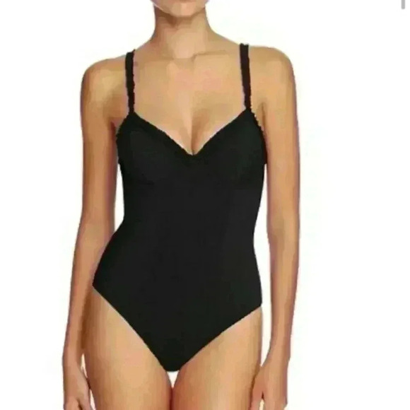 TORY BURCH ONE PIECE SOLID RUFFLE UNDER WIRE BLACK S/P SWIMSUIT / BODYSUIT - Picture 7 of 15